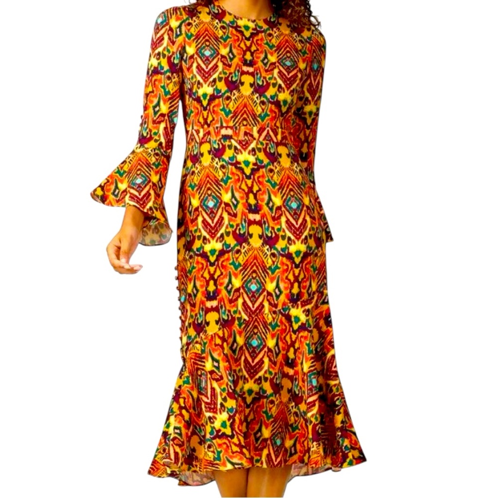 Prabal Gurung Rania Geometric Print 3/4-Sleeve Midi Dress Size 0 Used